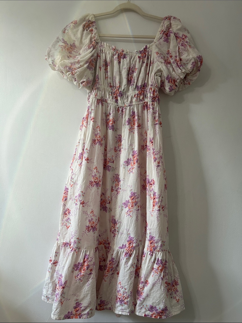 Dizzy Lizzy Dress Floral Puff-Sleeve Smocked Waist Ruffle Tier Hem Cottage Midi - Picture 6 of 16